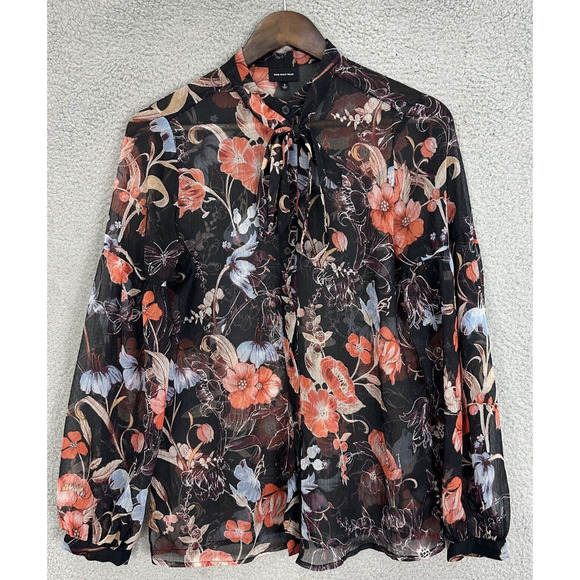 Who What Wear Button Up‎ Top Women Small Black Floral Sheer Oversized Boho Art - Picture 1 of 8